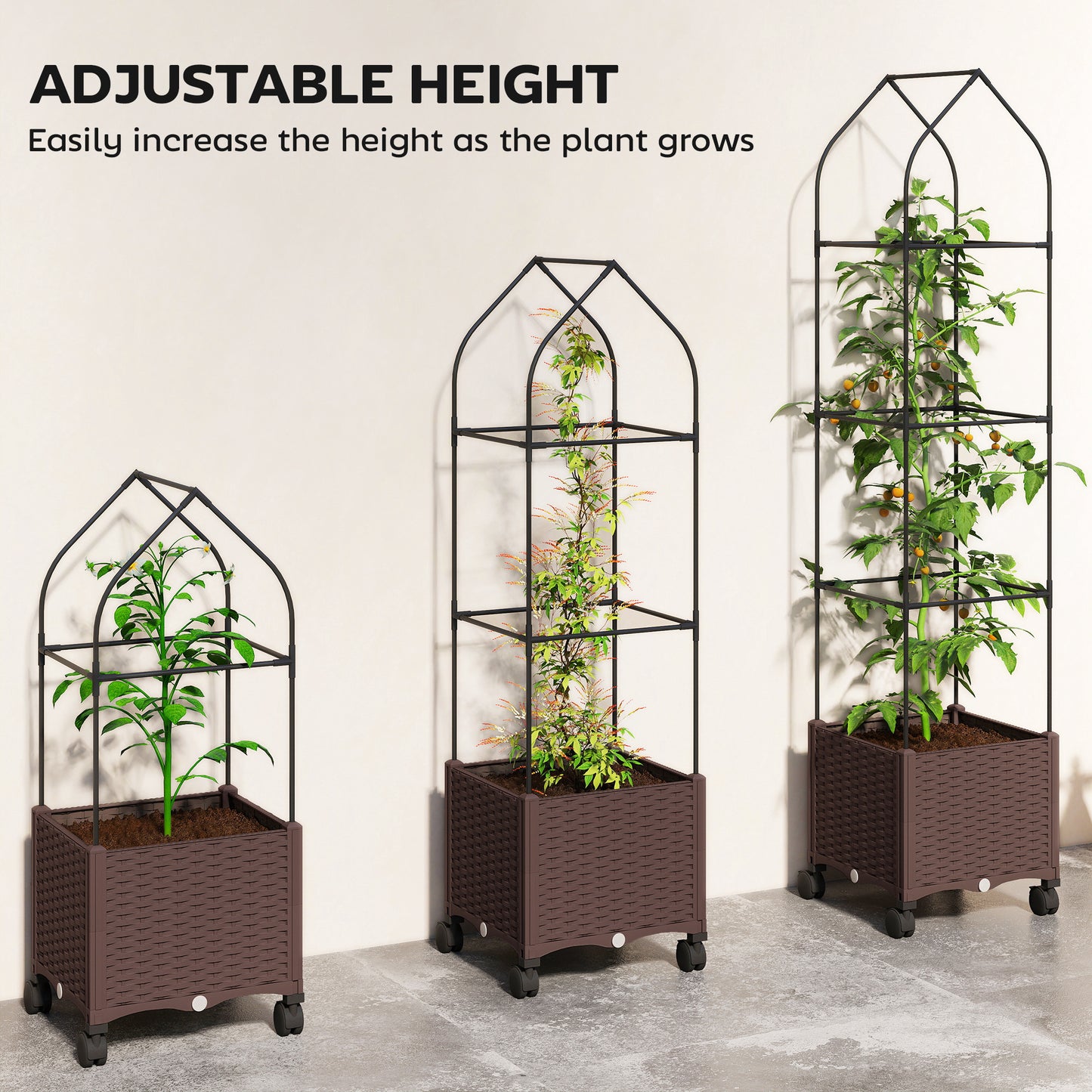 Raised Garden Bed with Adjustable Trellis & Tomato Cage | 4 Lockable Wheels | Bottom Water Tank | 4 Drainage Holes | 40L | Weather-Resistant PP | 40x40x182cm | 20kg | Brown