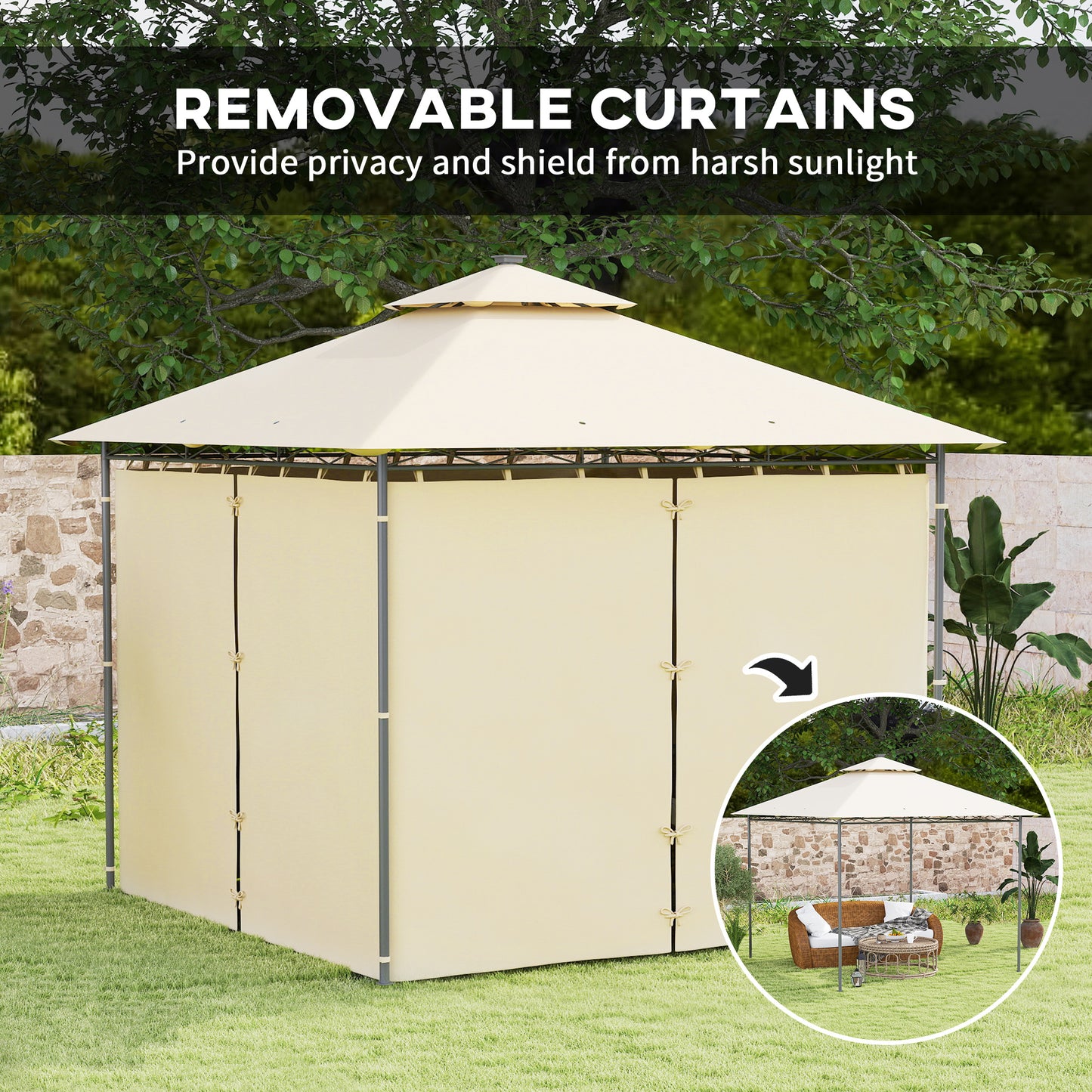 3 x 3 m Garden Gazebo, Double Roof Metal Gazebo with Curtains and Solar-Powered LED Lights, Outdoor Gazebo Canopy Shelter for Patio, Deck