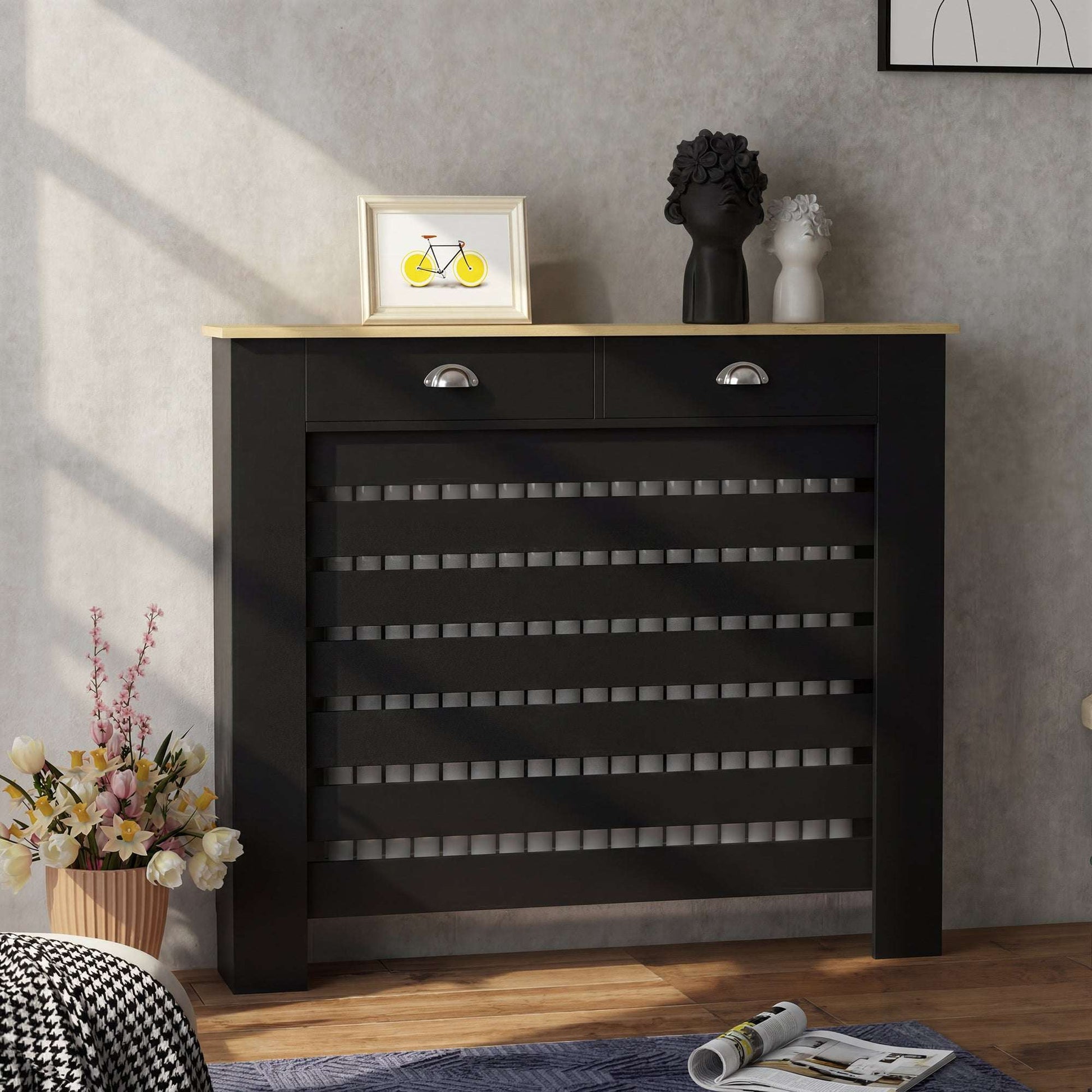 MDF & Particle Board Radiator Cover with 2 Drawers | Slatted Design | Skirting Board Cut-Outs | Easy-Fix Clips | Wood-Effect Top | 5kg Per Drawer | 111x19x95.5cm | Black
