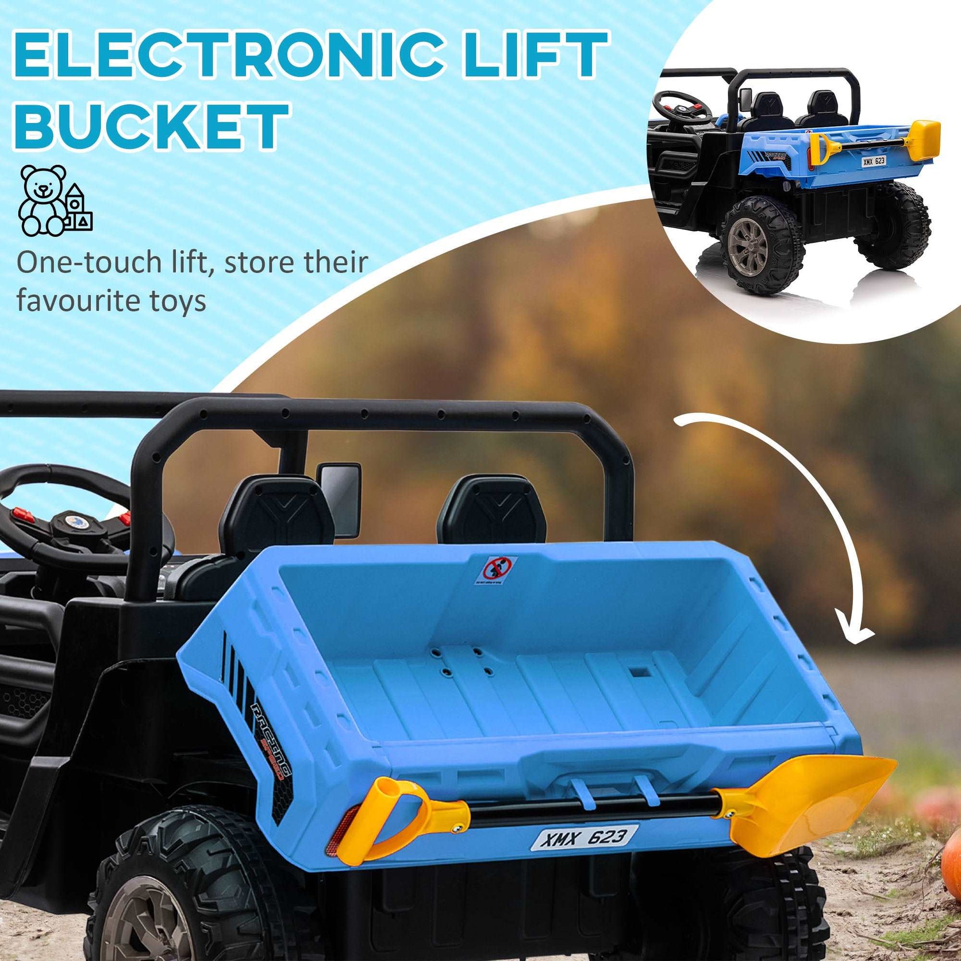 12V Two-Seater Kids Electric Ride-On Car, with Electric Bucket, Remote Control - Blue