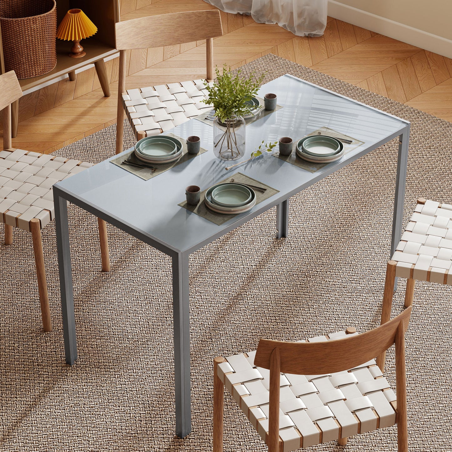 4-Seater Dining Table | 120cm | 6mm Tempered Glass Top | Powder-Coated Steel Legs | Floor Pads | 80kg | Grey
