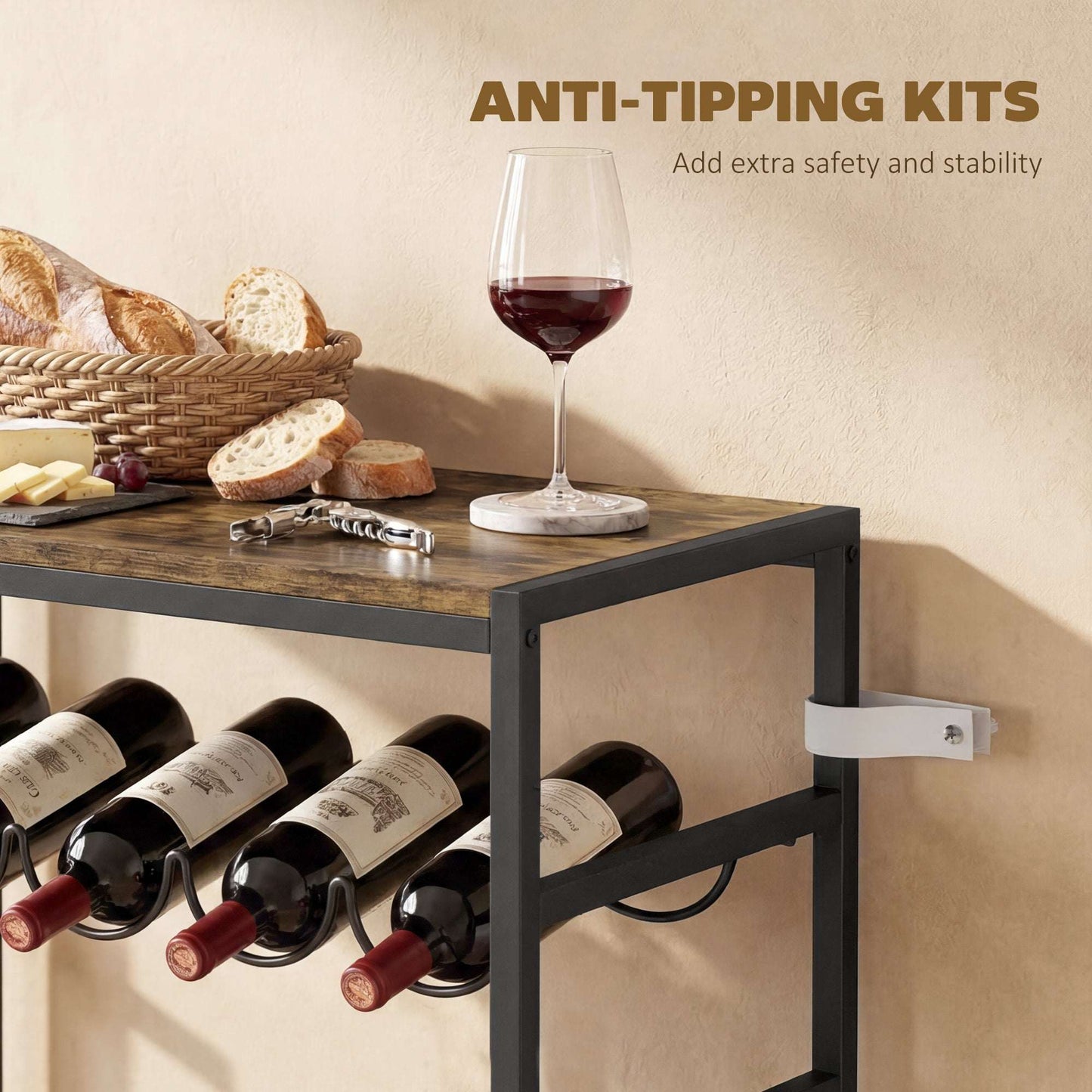 Freestanding Wine Rack | 6-Tier | 30 Bottles | Wood Effect Tabletop | Wave Slots | Anti-Tip | 59x30x88.5cm | Rustic Brown