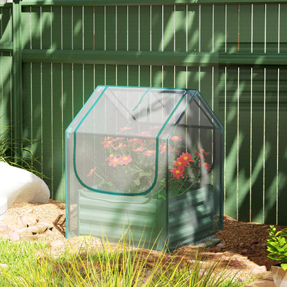 2-in-1 Raised Garden Bed with Mini Greenhouse Cover | Galvanised Steel Base | Open Bottom | 2 Roll-Up Windows | 10cm Soil Anchor Edge | 61x61x29.5cm Bed | 70x70x90cm Cover | Green & Clear
