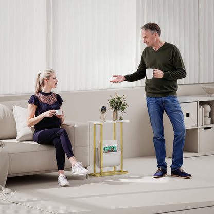 Narrow Side Table, End Table with Magazine Holder, Nightstand for Small Spaces, Living Room, Bedroom, White Marble Grain