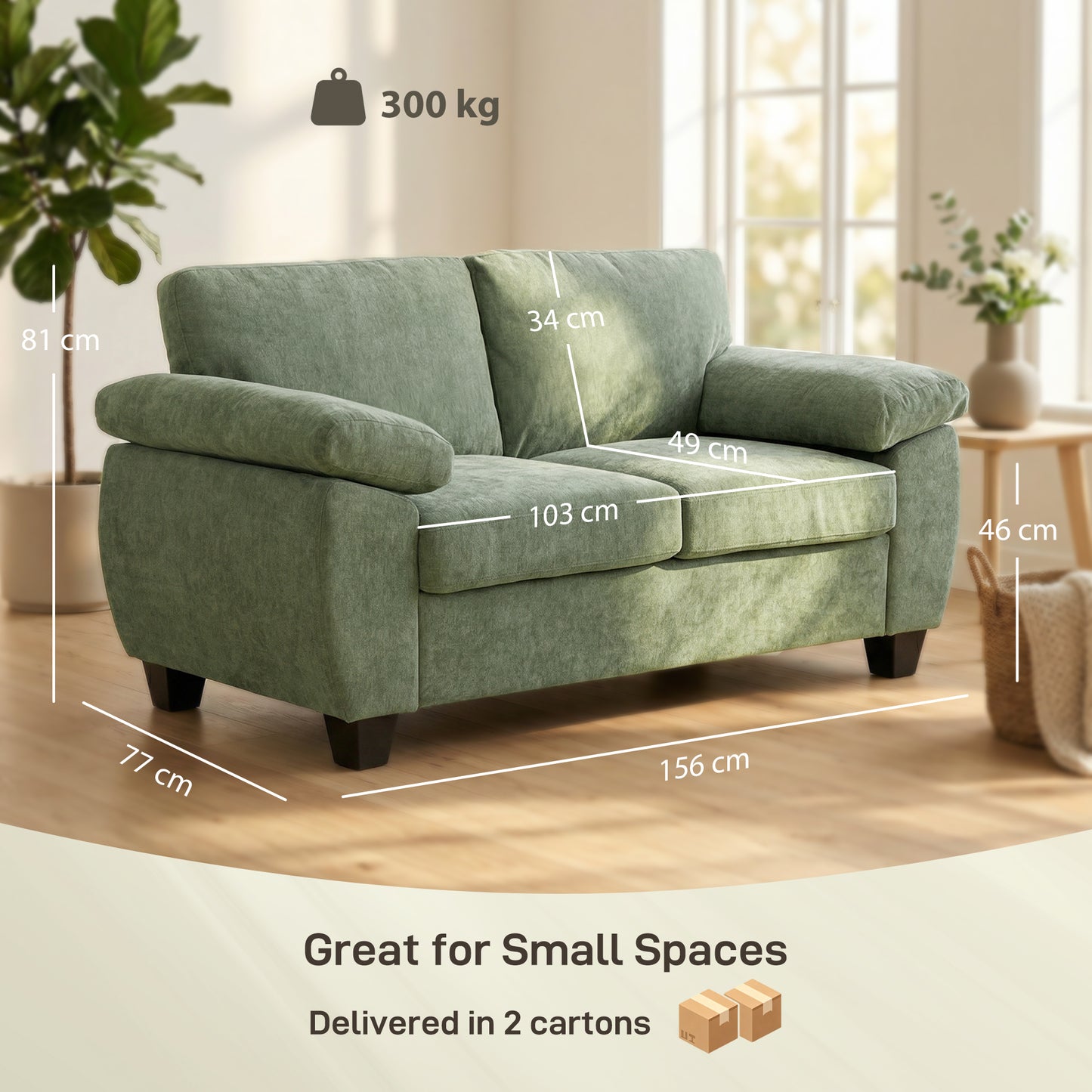 2 Seater Chenille Loveseat Sofa | 156cm | 18cm Pocket Spring Seat | Wide Padded Armrests | 300kg | Fire Retardant | Dark Green