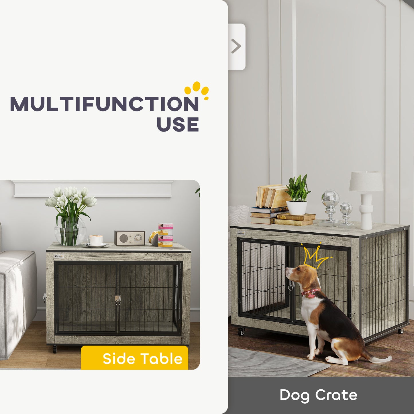 Dog Crate Furniture Side Table with Wheels | Double Doors | Interchangeable Side Door | Medium Dogs up to 20kg | 80 x 56 x 62.5cm | Grey