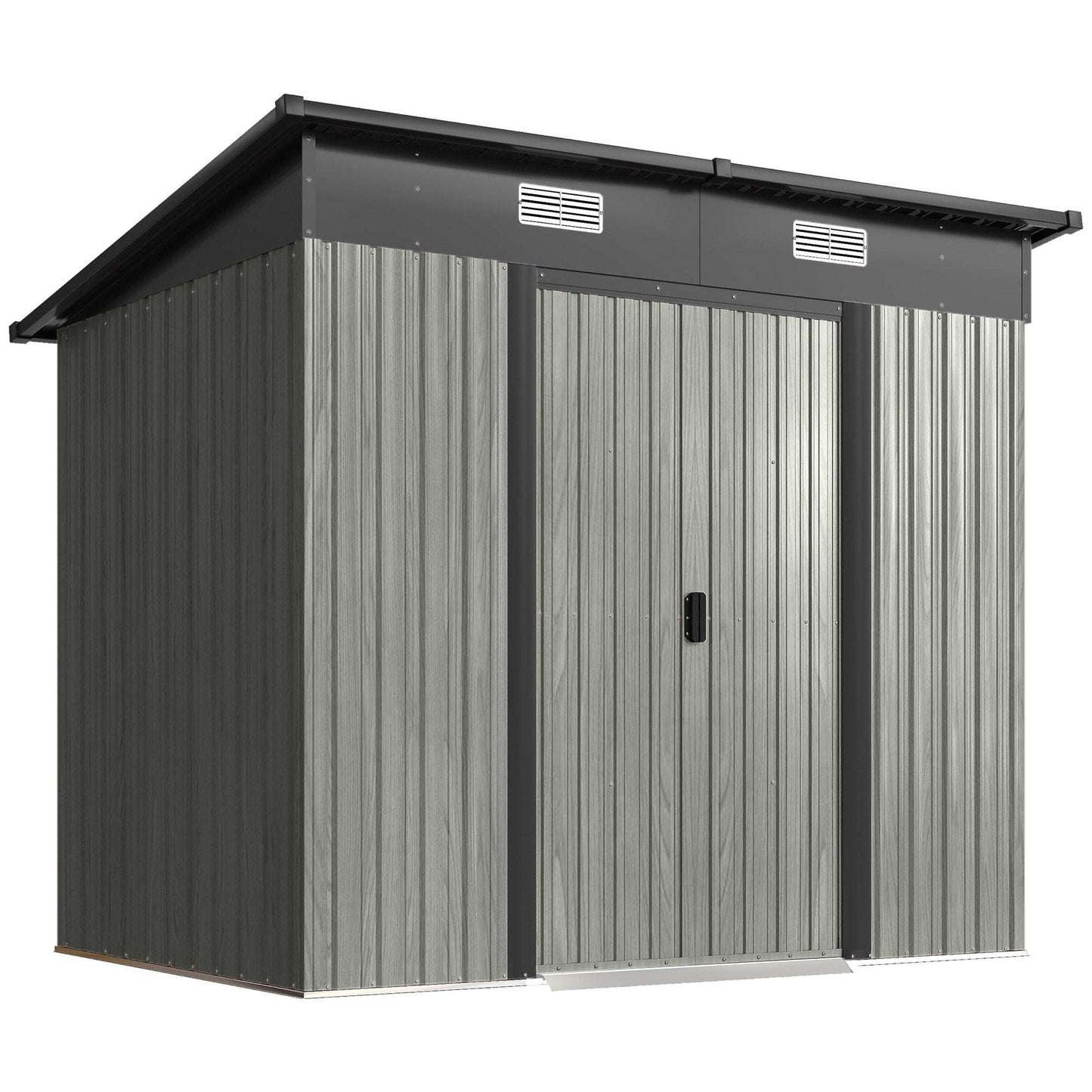 7x4ft Lean-To Metal Garden Shed | Corrugated Galvanised Steel | Sloped Roof | Sliding Door | 2 Front Vents | Foundation Kit Included | 203x130x182cm | Light Grey