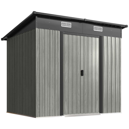 7x4ft Lean-To Metal Garden Shed | Corrugated Galvanised Steel | Sloped Roof | Sliding Door | 2 Front Vents | Foundation Kit Included | 203x130x182cm | Light Grey