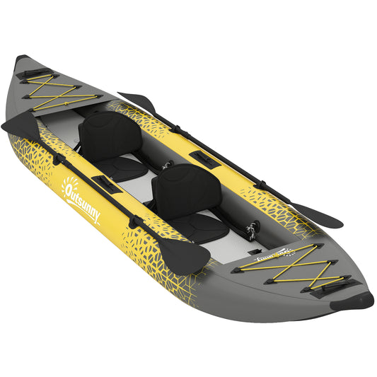 Inflatable Tandem Kayak Set | 2-Person | 381cm | Drop-Stitch Floor | Adjustable Seats | 230kg | Aluminium Oars | Grey & Yellow