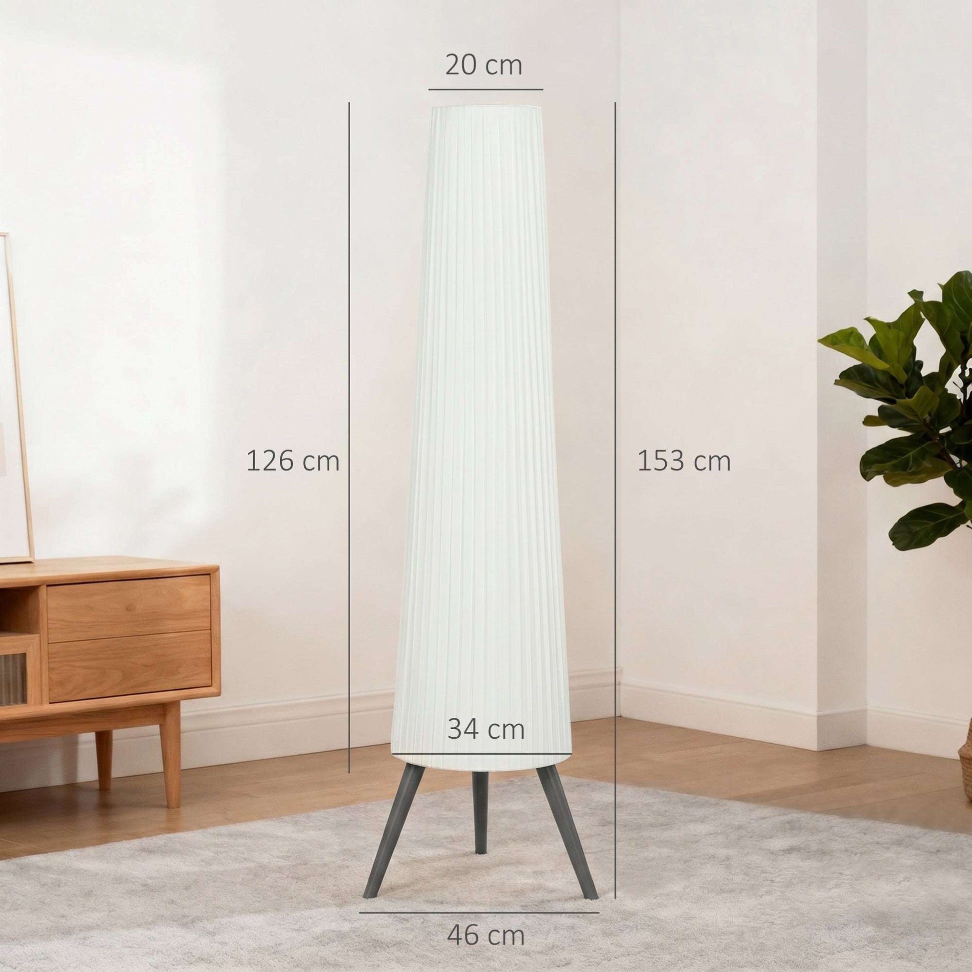 Nordic Dimmable Tripod Floor Lamp | 3-Level Foot Switch | Pleated Fabric Shade | 3000K Warm White | 10.5W 900lm | Steel & Wood Tripod Base | 46x46x153cm | 15-Min Assembly | White