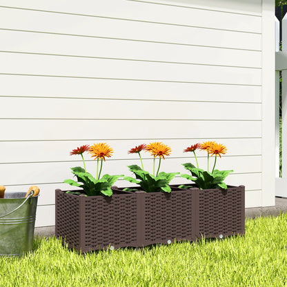 Modular Self-Watering Raised Planter Boxes | Built-In Reservoir | Drainage Holes & Plugs | Rattan-Style PP | Fade Resistant | 20kg Capacity | 120x40x37cm | Brown