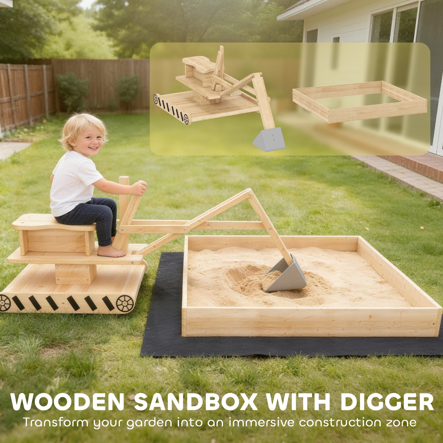 Wooden Sand Pit with Digger & 360° Swivel Seat – 200kg Sand Capacity, Fabric Liner, Solid Fir Wood, For Garden, Ages 3–6