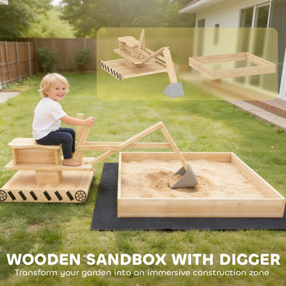 Wooden Sand Pit with Digger & 360° Swivel Seat – 200kg Sand Capacity, Fabric Liner, Solid Fir Wood, For Garden, Ages 3–6