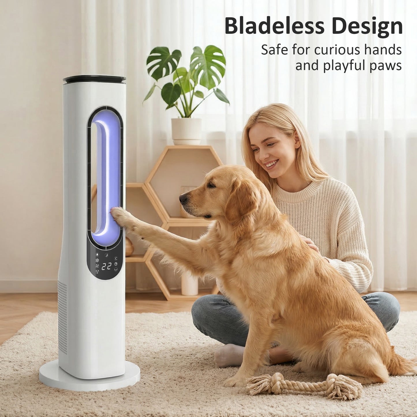 Bladeless Tower Fan | 35dB Sleep Mode | 50° Oscillation | 3-Colour LED | 15hr Timer | Remote | White