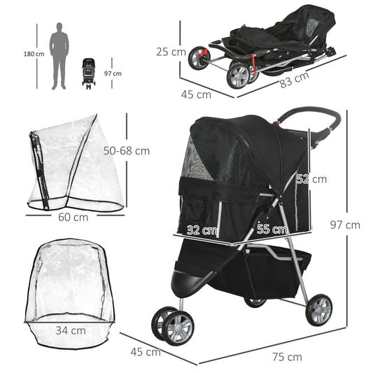 PawHut Pet Travel Stroller with Rain Cover, 3 Wheels Foldable Cat Dog Pushchair with Storage Basket for Small Miniature Dogs(Black)