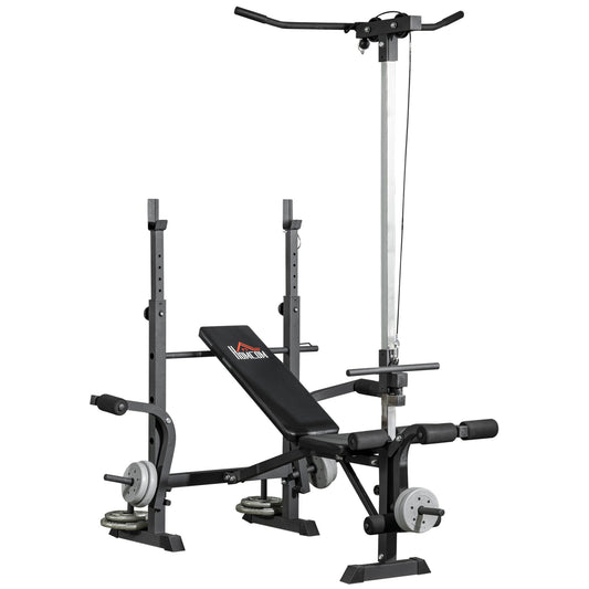 Adjustable Weight Bench with Pulley System, Incline Bench Press Set with Squat Rack, Leg Developer, Butterfly and Weight Storage, for Full Body Workout
