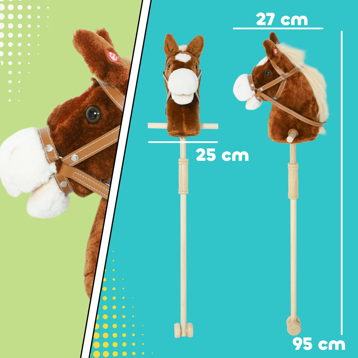 AIYAPLAY Stick Hobby Horse | Brown | Polyester Fabric Poplar Wood | 95cm | Neighing & Galloping Sounds | Wooden Wheels | Grip Handle | EN71 | 3x LR44 Included | Indoor Outdoor | Age 2+