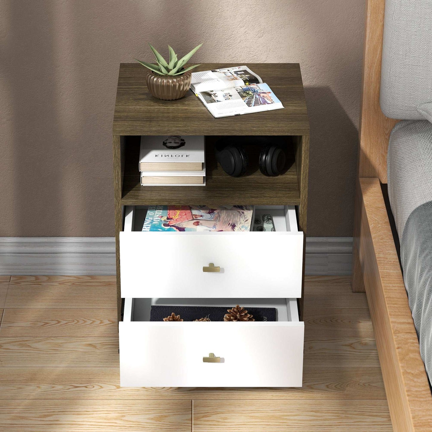 Industrial-Scandinavian Mix Bedside Table, with Drawers and Shelf