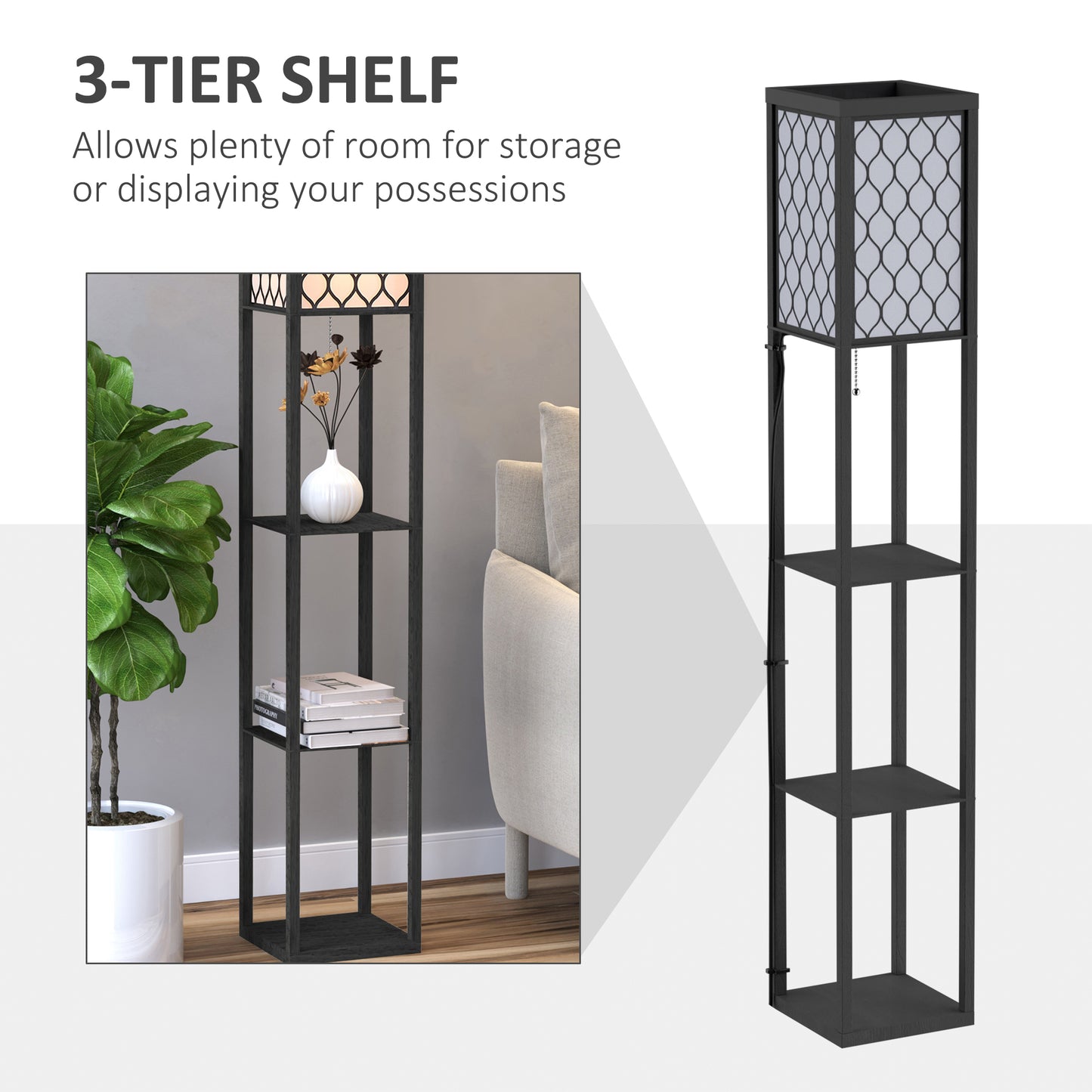 Set of 2 Floor Lamps with 3 Shelves | Honeycomb Shade | E27 | 160cm | Black