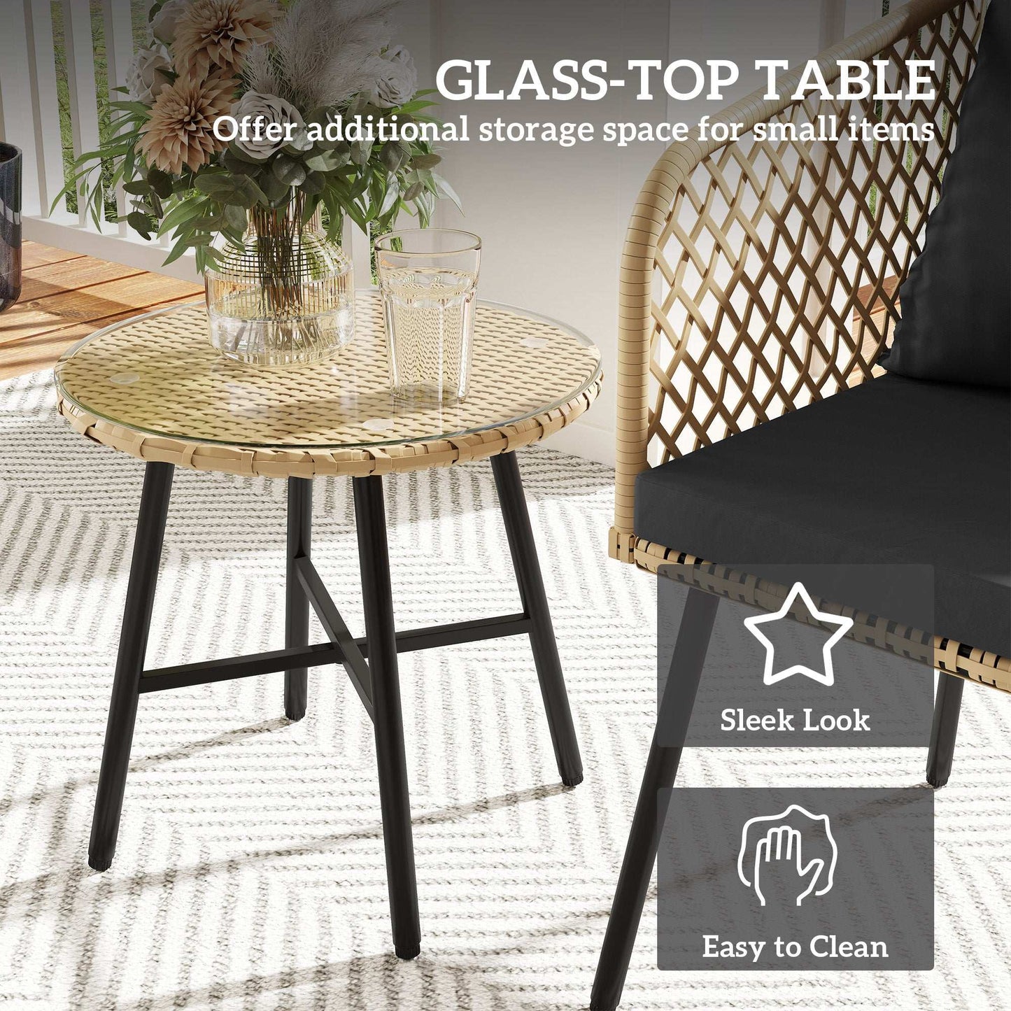 Outsunny 3 Piece Rattan Bistro Set with 2 Chairs, Tempered Glass Table, Cushions, Adjustable Foot Pads, Nature Wood Finish