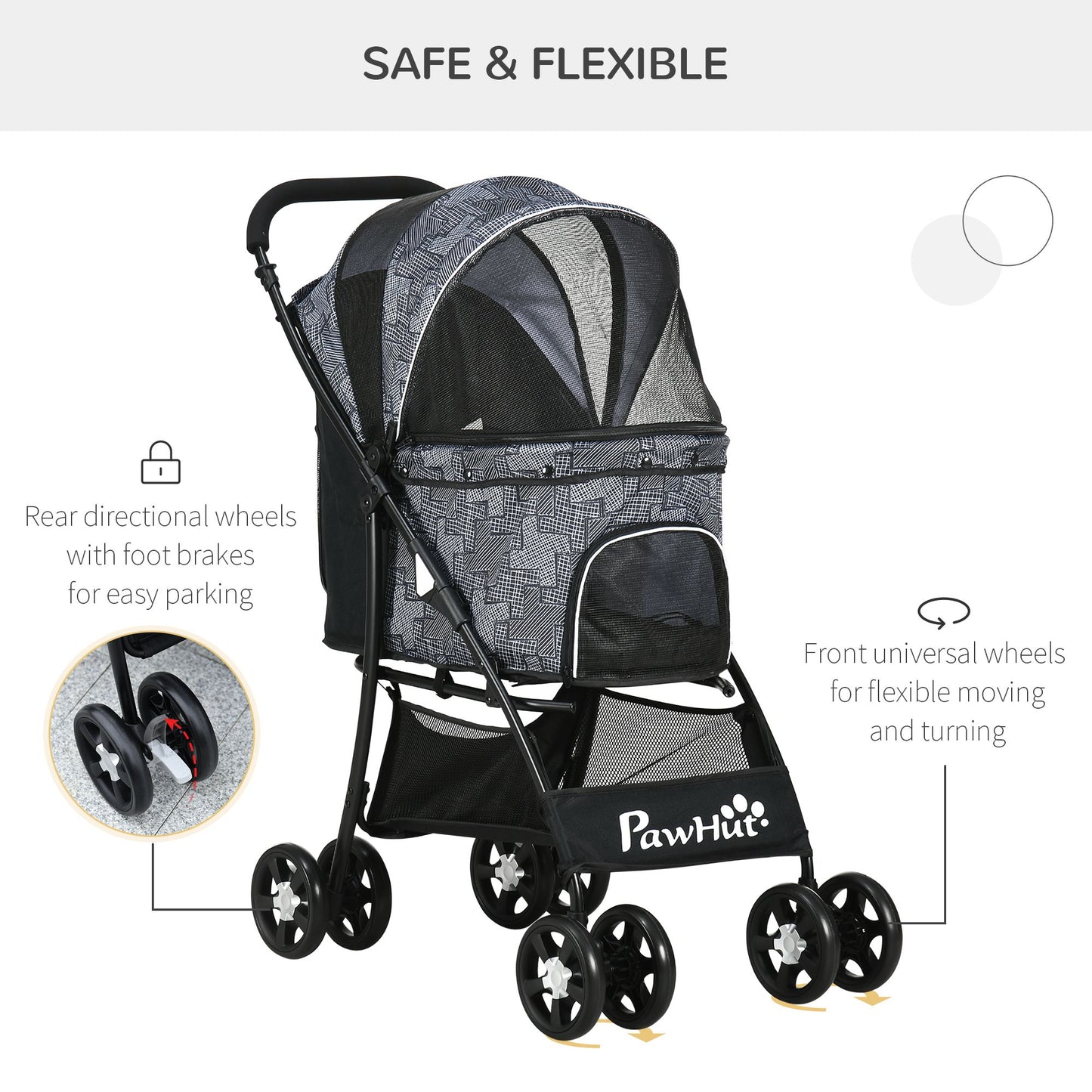 PawHut Pet Stroller, Dog Cat Travel Carriage, Foldable Carrying Bag with Large Carriage, Universal Wheels, Brake Canopy, Basket, Storage Bag, Grey
