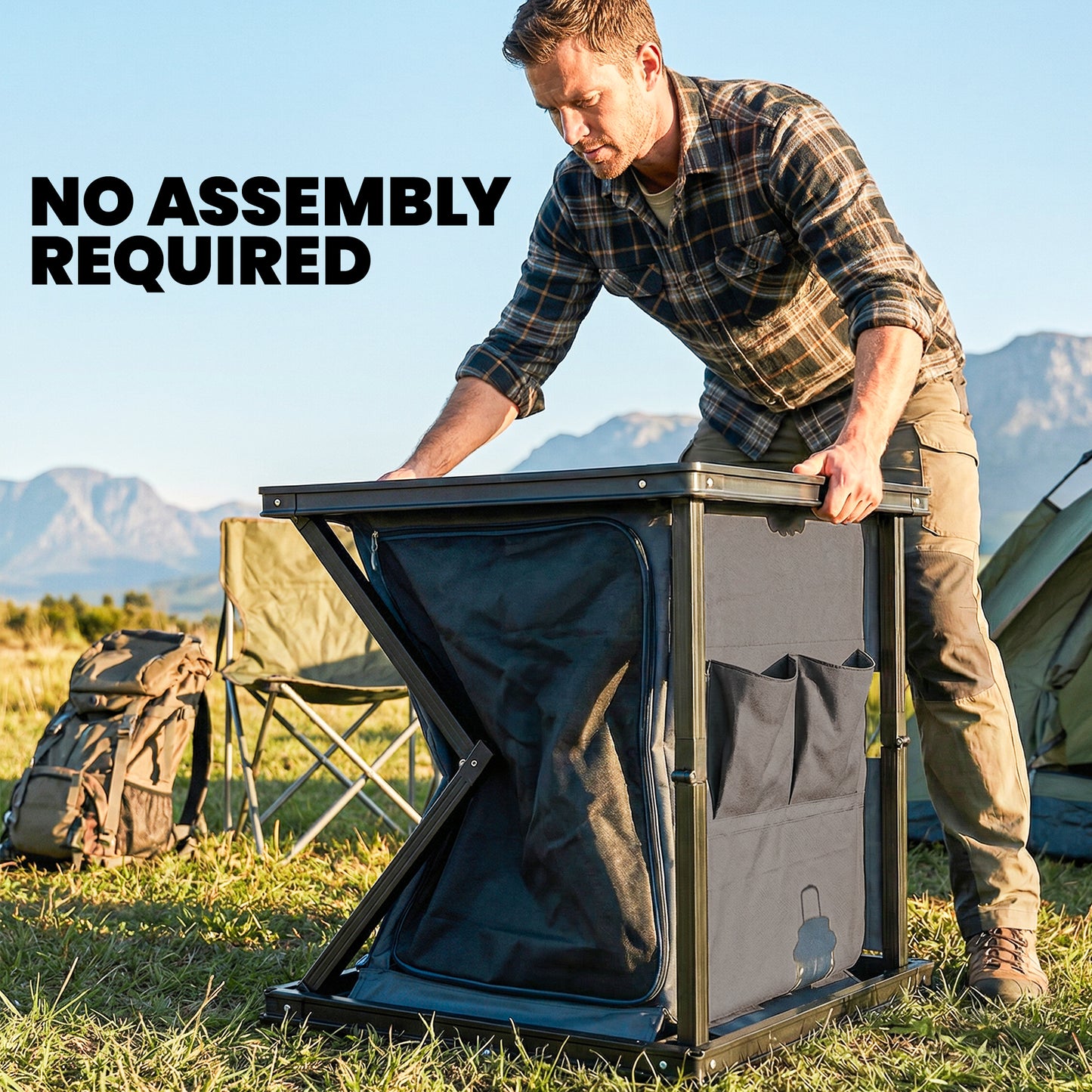 Folding Camping Kitchen Unit | 3 Shelves & 4 Pockets | Zip Cupboard | Adjustable Feet | 50kg | Carry Bag | Black