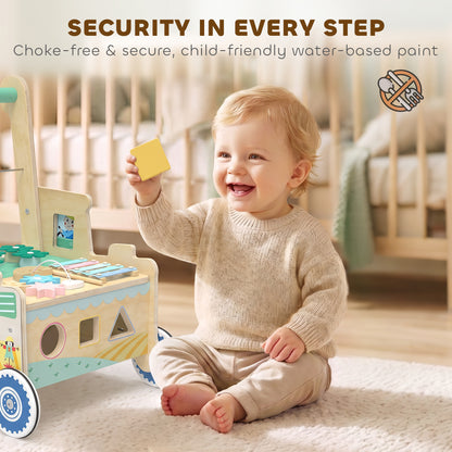 Wooden Baby Walker | Multifunction Activity Centre with Shape & Colour Learning, Toy Storage & Push-Along Support | 1-3 Years | Green & Natural