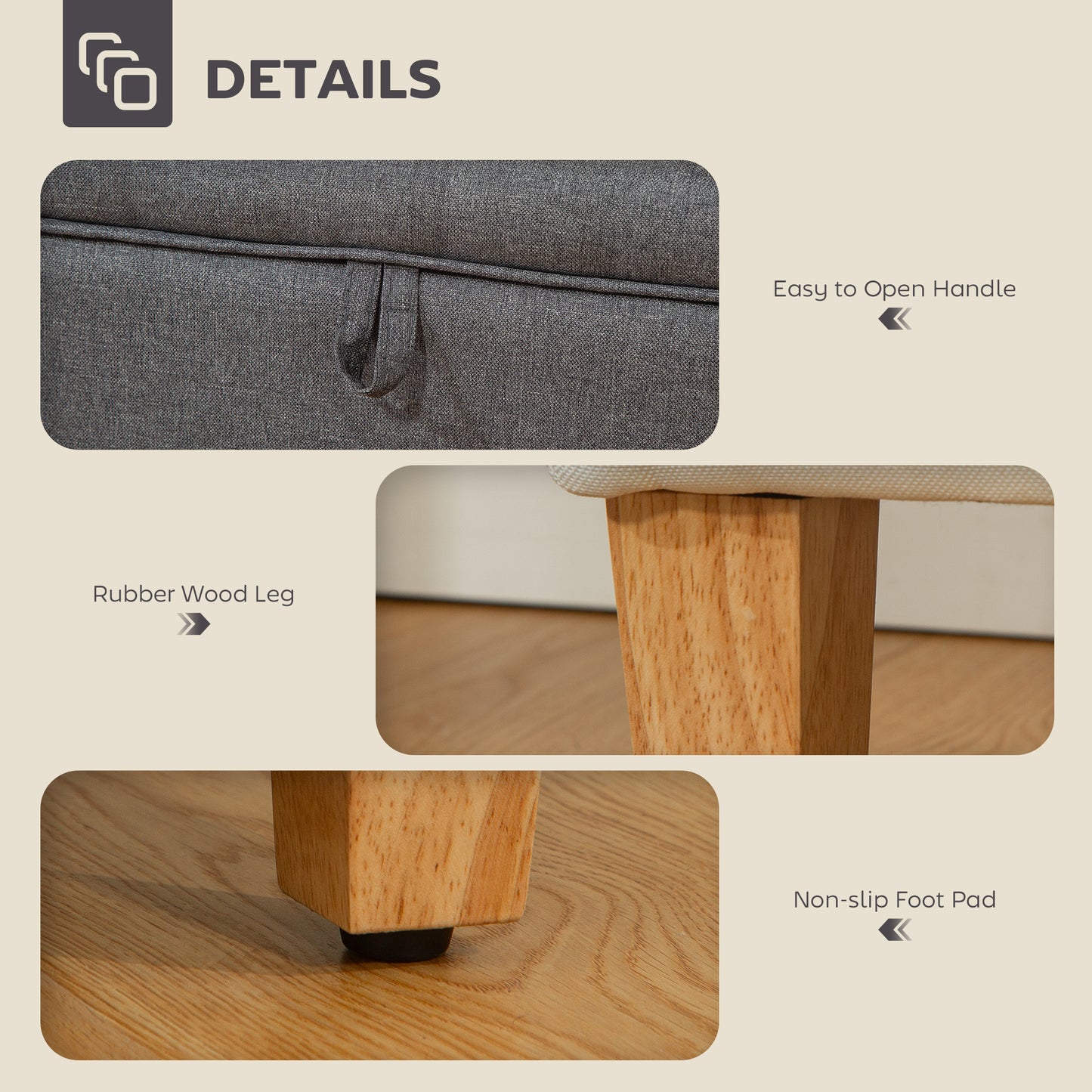 Storage Ottoman & Padded Footstool | 16L Storage | Linen-Look | Rubberwood Legs | 100° Lid Opening | 120kg | 49x33x36cm | Charcoal Grey