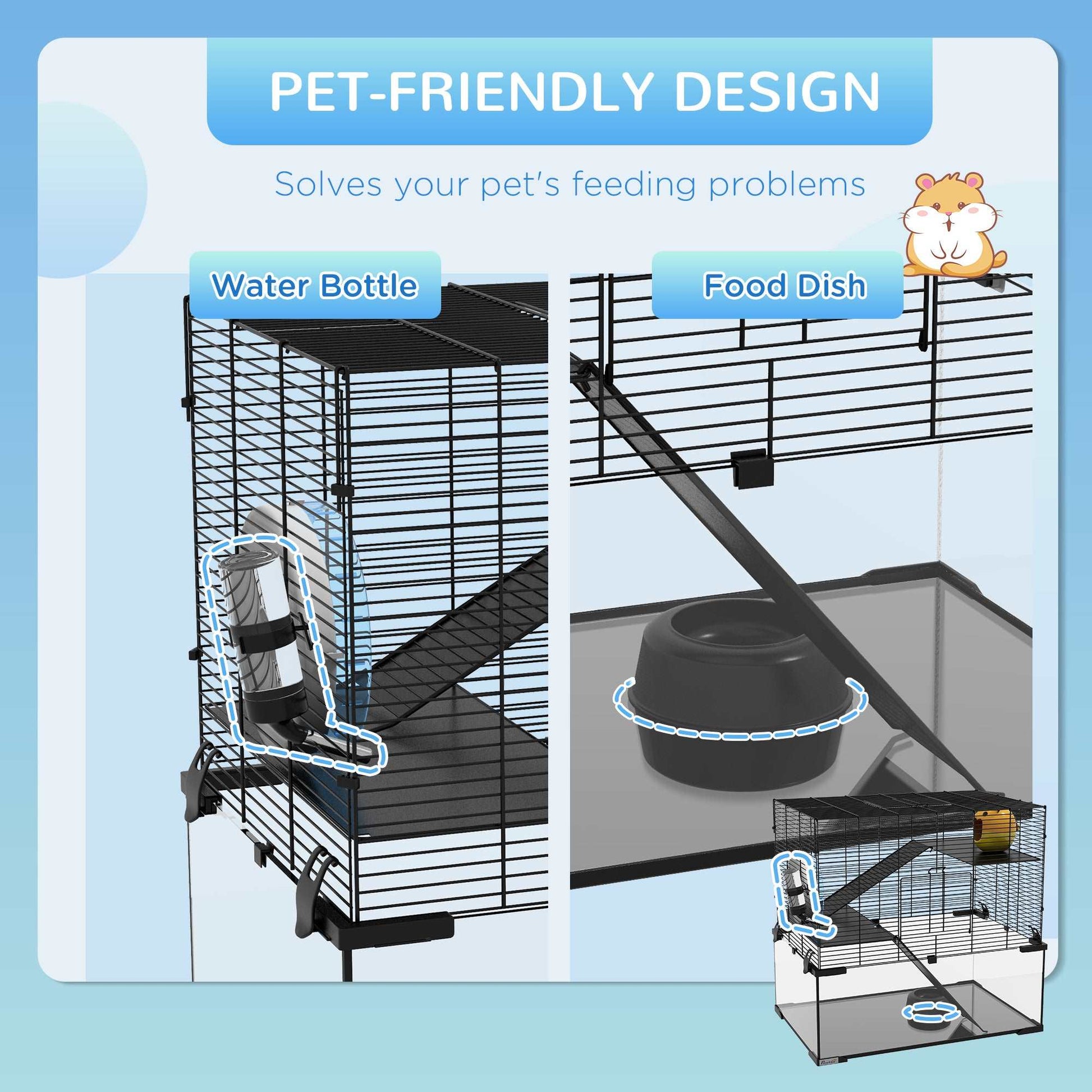3 Tiers Hamster Cage, Gerbil Cage W/ Deep Glass Bottom, Non-Slip Ramps, Platforms, Hut Exercise Wheels Water Bottle for Syrian Dwarf Hamster