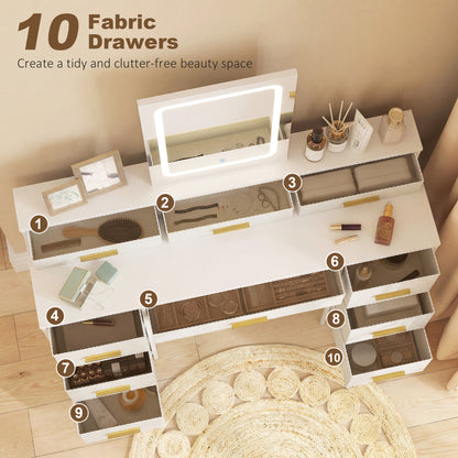 Dressing Table with LED Mirror | 10 Fabric Drawers | Gold Handles | 3 Light Modes | Anti-Tip | White