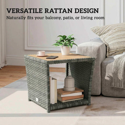 2-Tier Outdoor Rattan Side Table | PS Wood-Plastic Slat Top | PE Wicker | Powder-Coated Frame | UV-Resistant | 50kg | 45x45x43cm | Light Grey