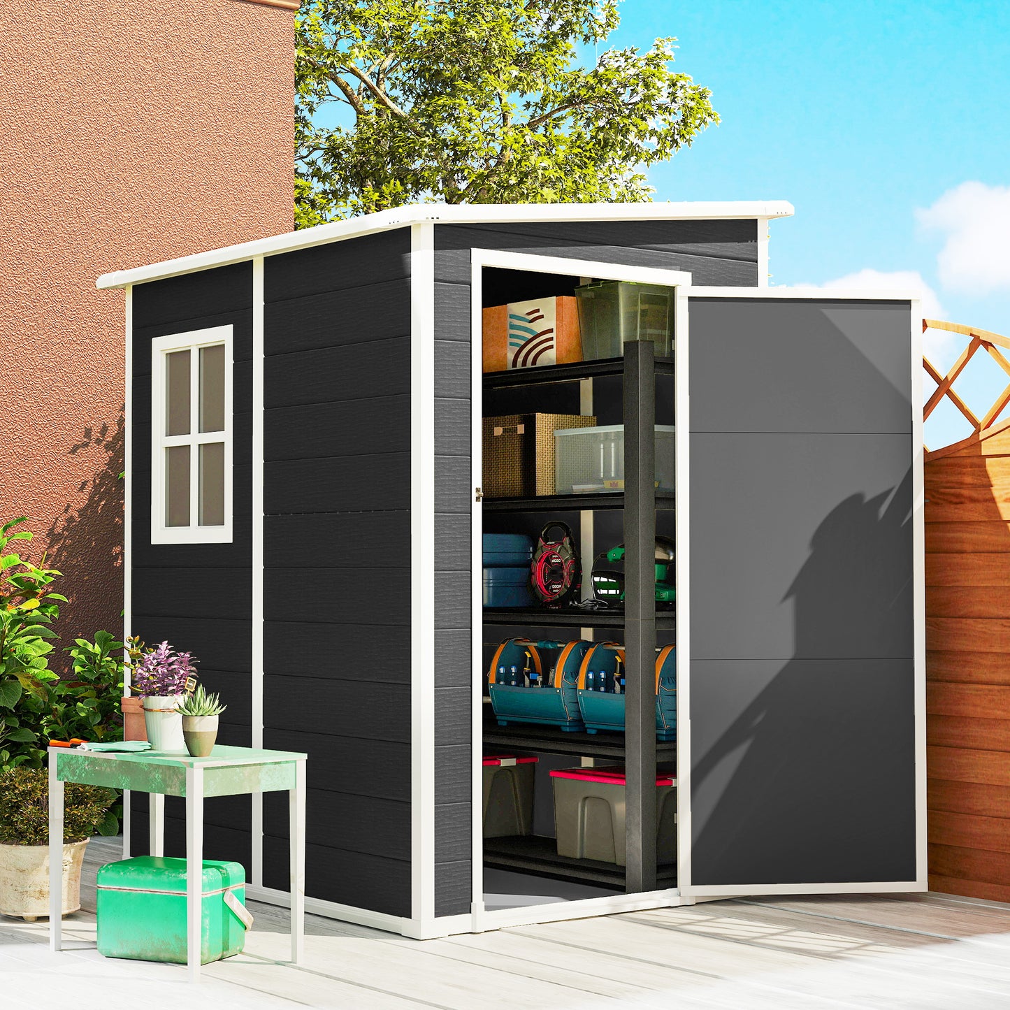 Aluminium Alloy & PP Lean-To Garden Storage Shed | Lockable Door | Lock & 3 Keys | Window | Vent | Sloped Roof | 40kg/m² Snow Rating | 122x149x192cm | 1.54m² | Black
