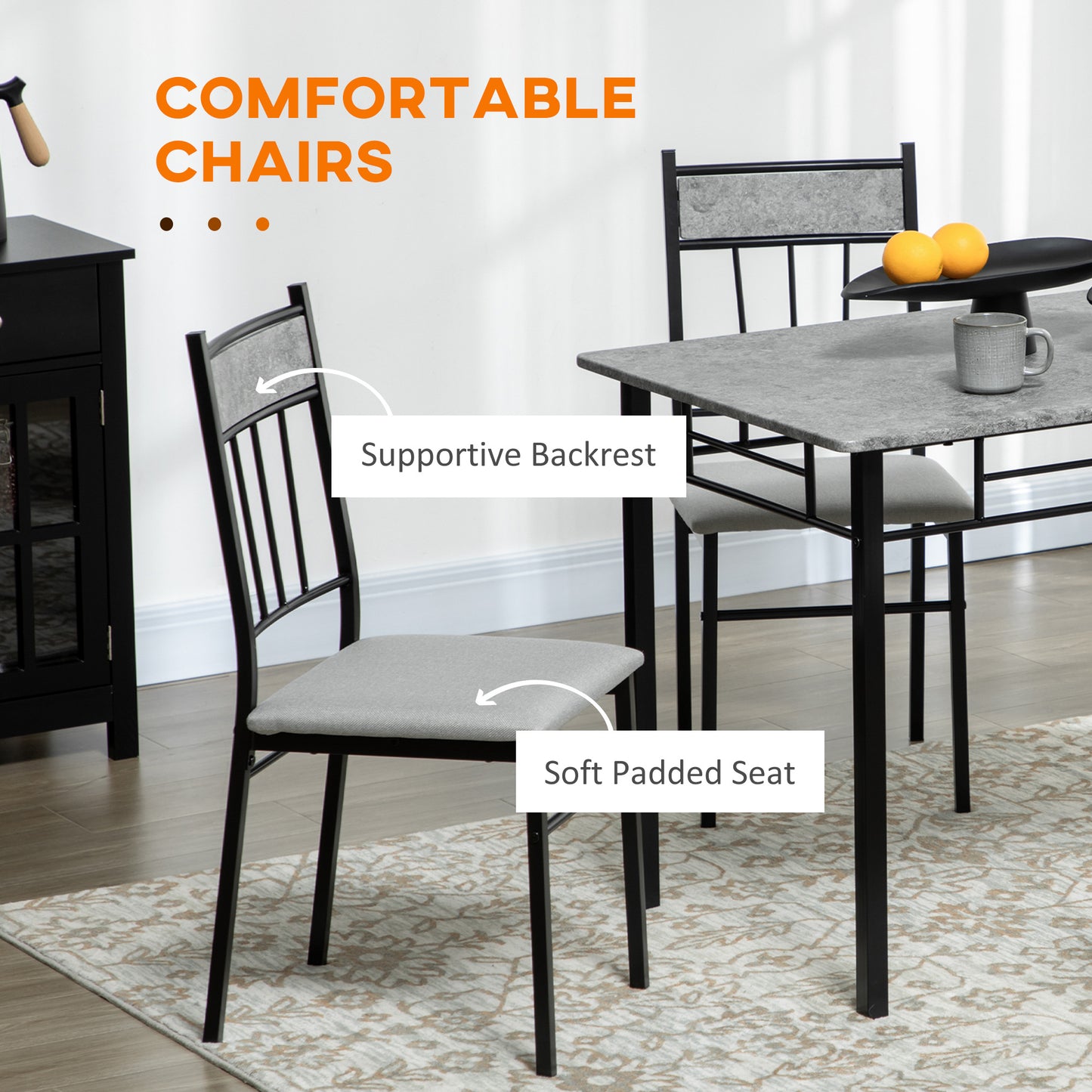 5 Pieces Dining Room Sets, Modern Dining Table and Chairs Set 4 with Marble Effect Tabletop, Padded Kitchen Chairs and Metal Frame, Light Grey