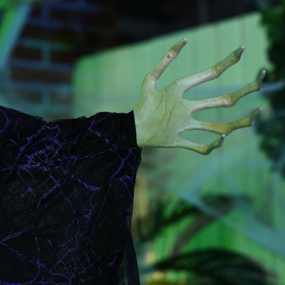 6ft Outdoor Halloween Decoration Witch, Standing Witch Prop Life Size with Sound and Motion Activated, Light Up Eyes, Talking Sound, Posable Arms