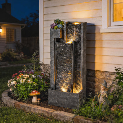 Tall 3-Tier Resin Waterfall Fountain with Top Planter | LED Lights | Water Curtain Effect | 22-25L | 12W | 230V | 3m Cable | 38x19x101cm | Garden Patio & Balcony | Dark Grey