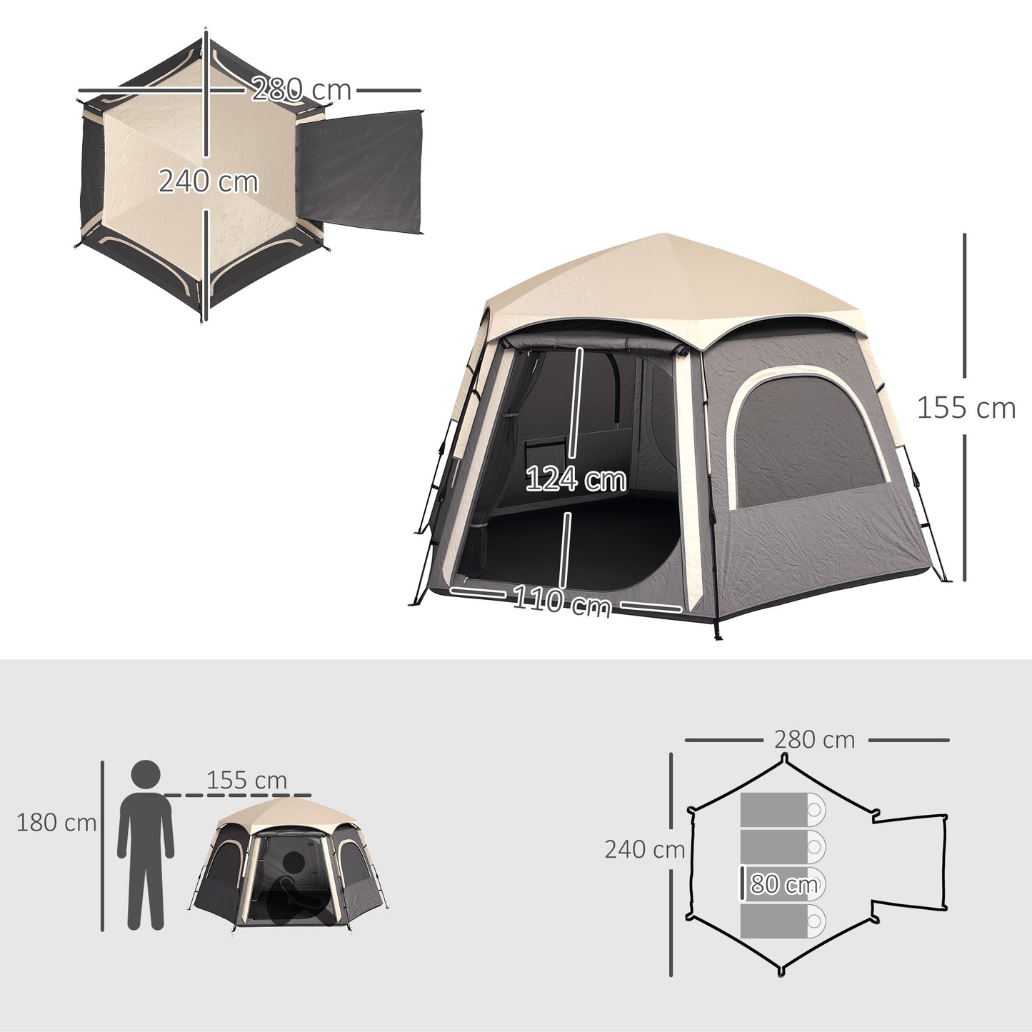 Instant Camping Tent, 2/3/4 Person Easy Setup Family Tent with Vestibule, Rainfly, 4 Mesh Windows & 2 Doors, Hexagonal Design, Waterproof