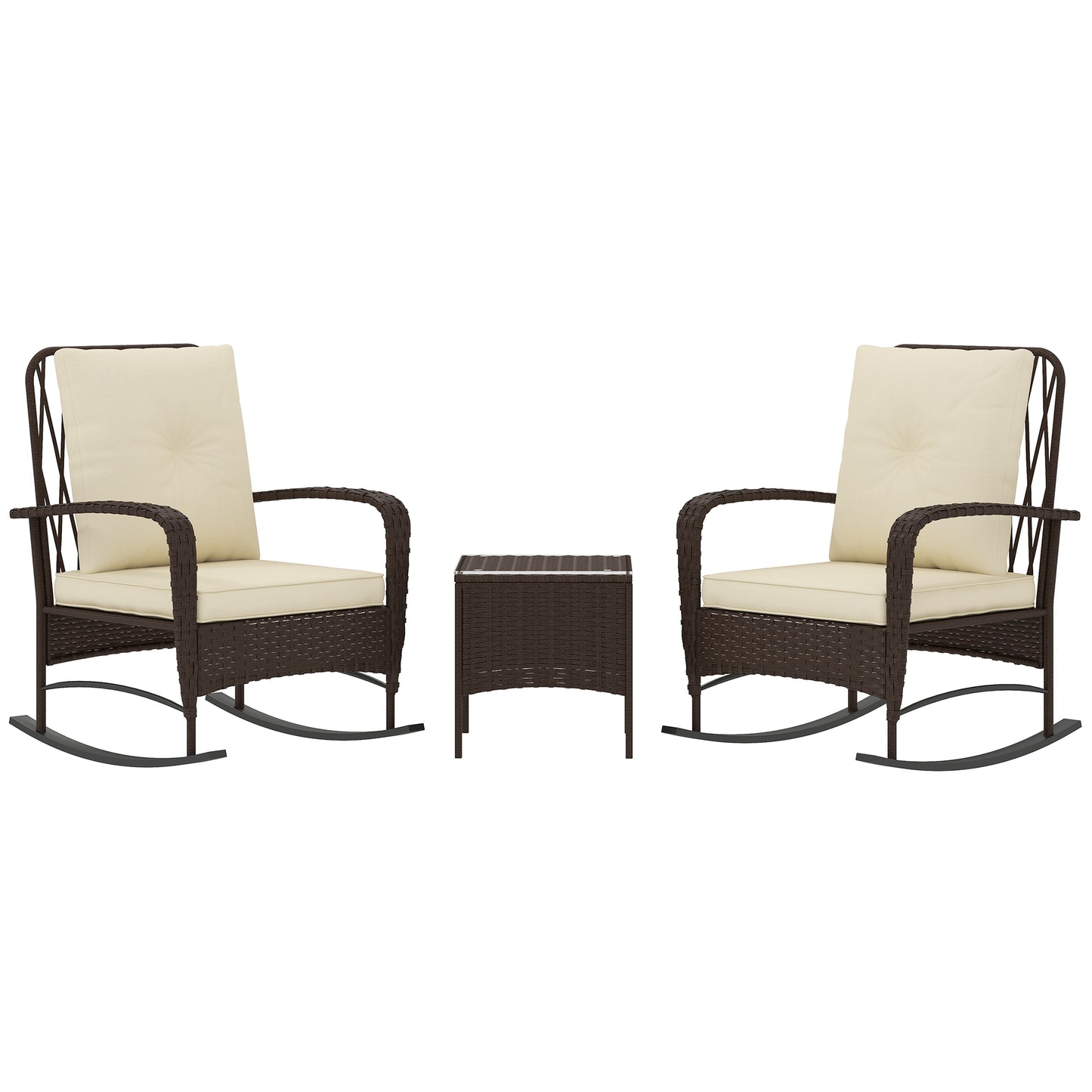 3 Piece Rattan Rocking Chair Bistro Set | 2 High Back Rocking Chairs | Tempered Glass Table | 16cm Back Cushion | 8cm Seat Cushion | 120kg | Brown