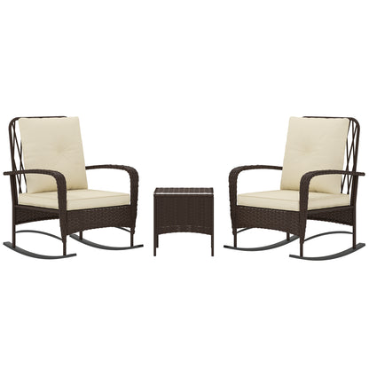 3 Piece Rattan Rocking Chair Bistro Set | 2 High Back Rocking Chairs | Tempered Glass Table | 16cm Back Cushion | 8cm Seat Cushion | 120kg | Brown