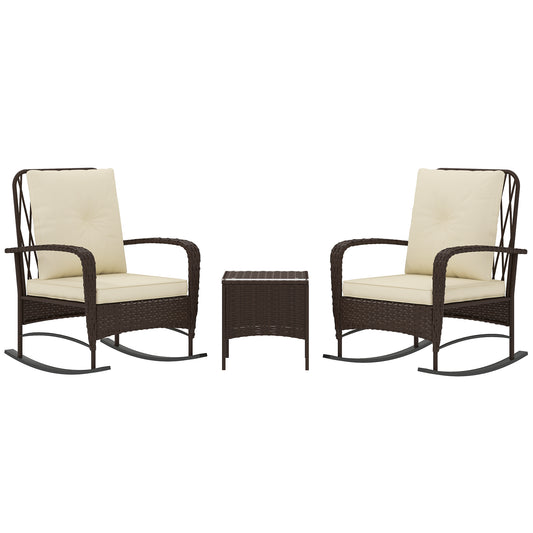 3 Piece Rattan Rocking Chair Bistro Set | 2 High Back Rocking Chairs | Tempered Glass Table | 16cm Back Cushion | 8cm Seat Cushion | 120kg | Brown