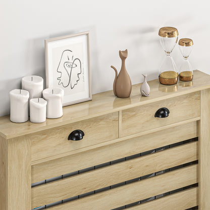 MDF & Particle Board Radiator Cover with 2 Drawers | Slatted Design | Skirting Board Cut-Outs | Easy-Fix Clips | Wood-Effect Top | 4kg Per Drawer | 111x19x95.5cm | Oak