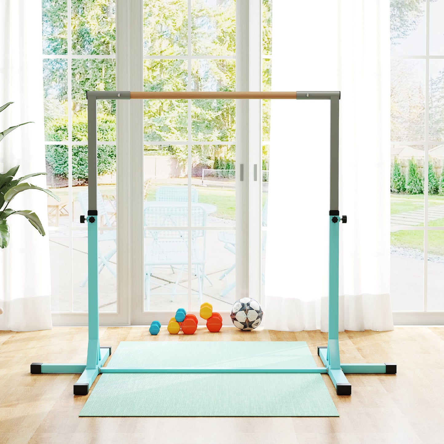 Height Adjustable Gymnastics Horizontal Bar for Kids, Children Junior Kip High Bar Fitness, Light Blue