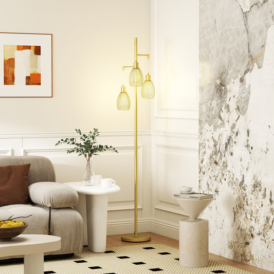 70cm Industrial 3-Light Floor Lamp, Dimmable Standing Lamp with Steel Lampshades for Living Room, Bedroom, Dinging Room, Study, Gold Tone