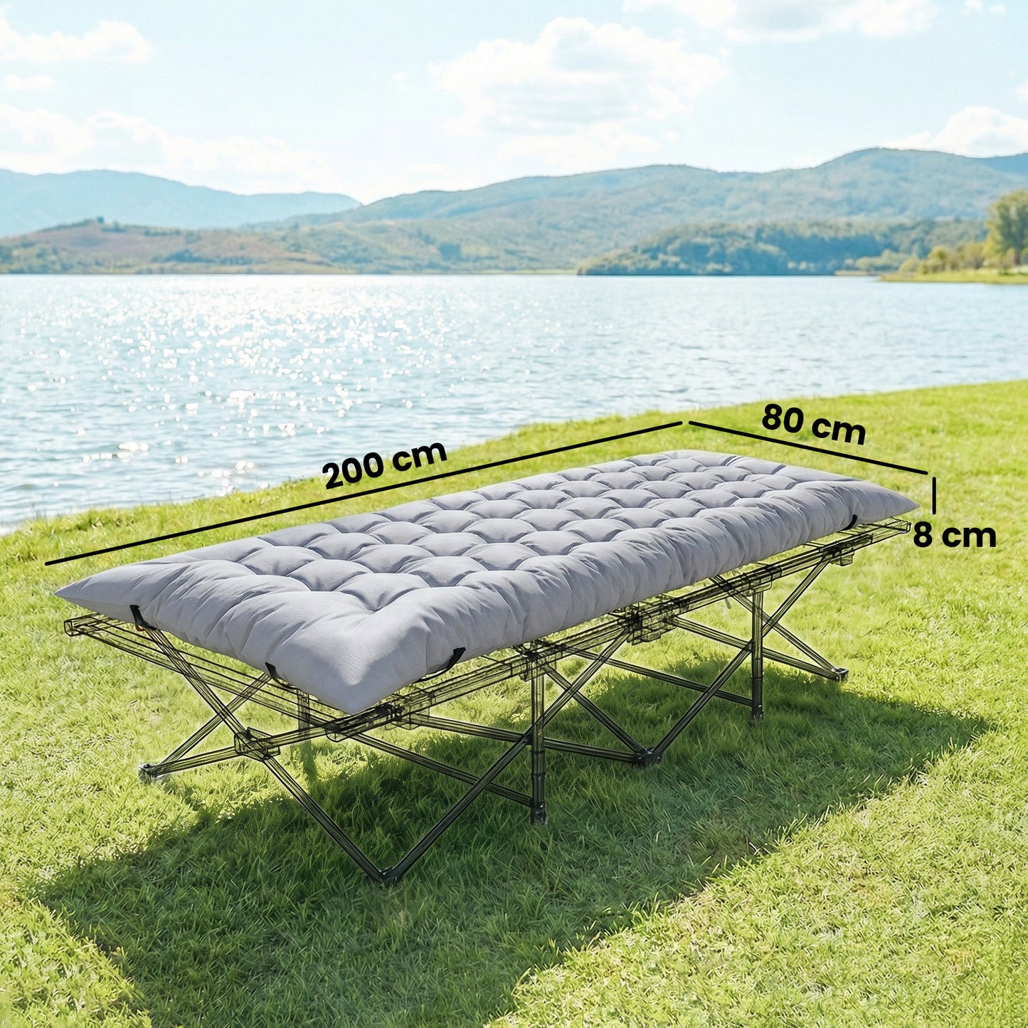 Foldable Camping Sleeping Mat | 8cm PU Foam | 200x80cm | Splash Proof Quilted | Elastic Straps | Flame Retardant | 200kg | Light Grey