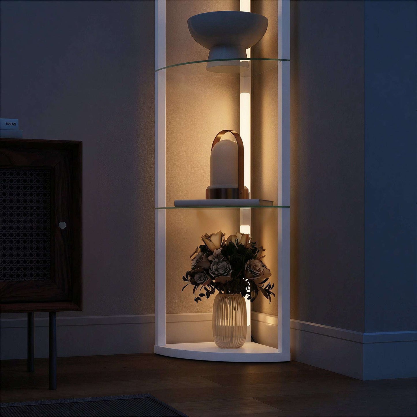 LED Floor Lamp with 5 Shelves | 3 Brightness Levels | Foot Switch | 20W 3000K | Frosted Glass Tiers | 162cm | White