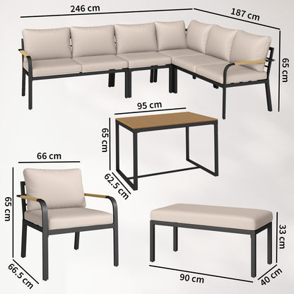 7-Piece 7-Seater Rattan Garden Furniture Set | 2 Loveseats | Armchair | Corner Chair | Footstool | WPC Table | 15cm Back Cushions | 120kg | Khaki