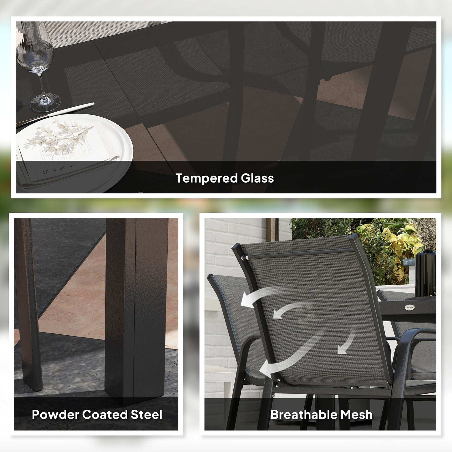 Outsunny 8 Seater Garden Dining Set with Rectangular Tempered Glass Top, Garden Furniture Set, Chairs for Patio, Balcony, Poolside, Dark Grey