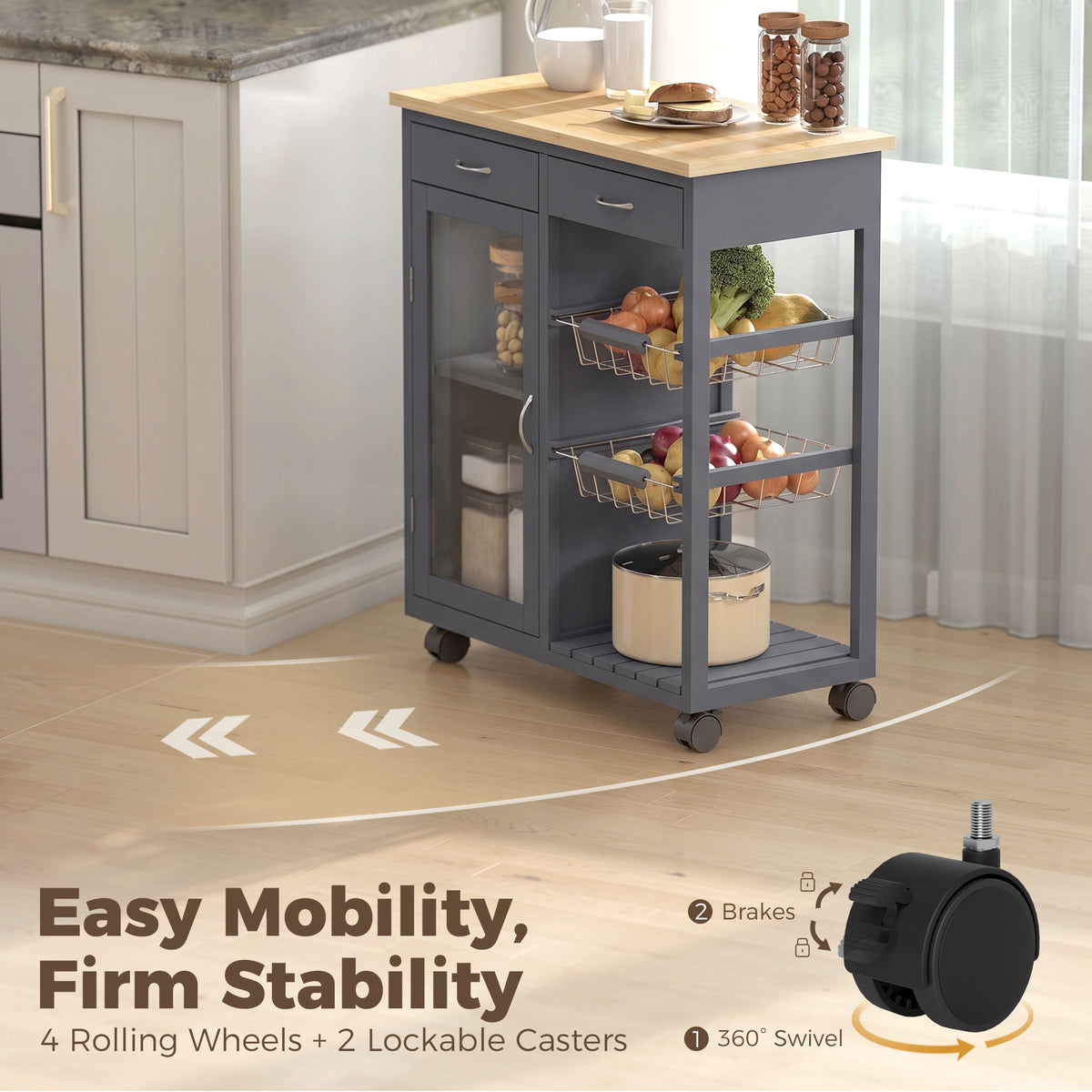 Rolling Kitchen Island Trolley | Bamboo Worktop | Glass Door Cabinet | 2 Wire Baskets | 2 Drawers | Adjustable Shelf | 4 Wheels | 67x35x80cm | Grey