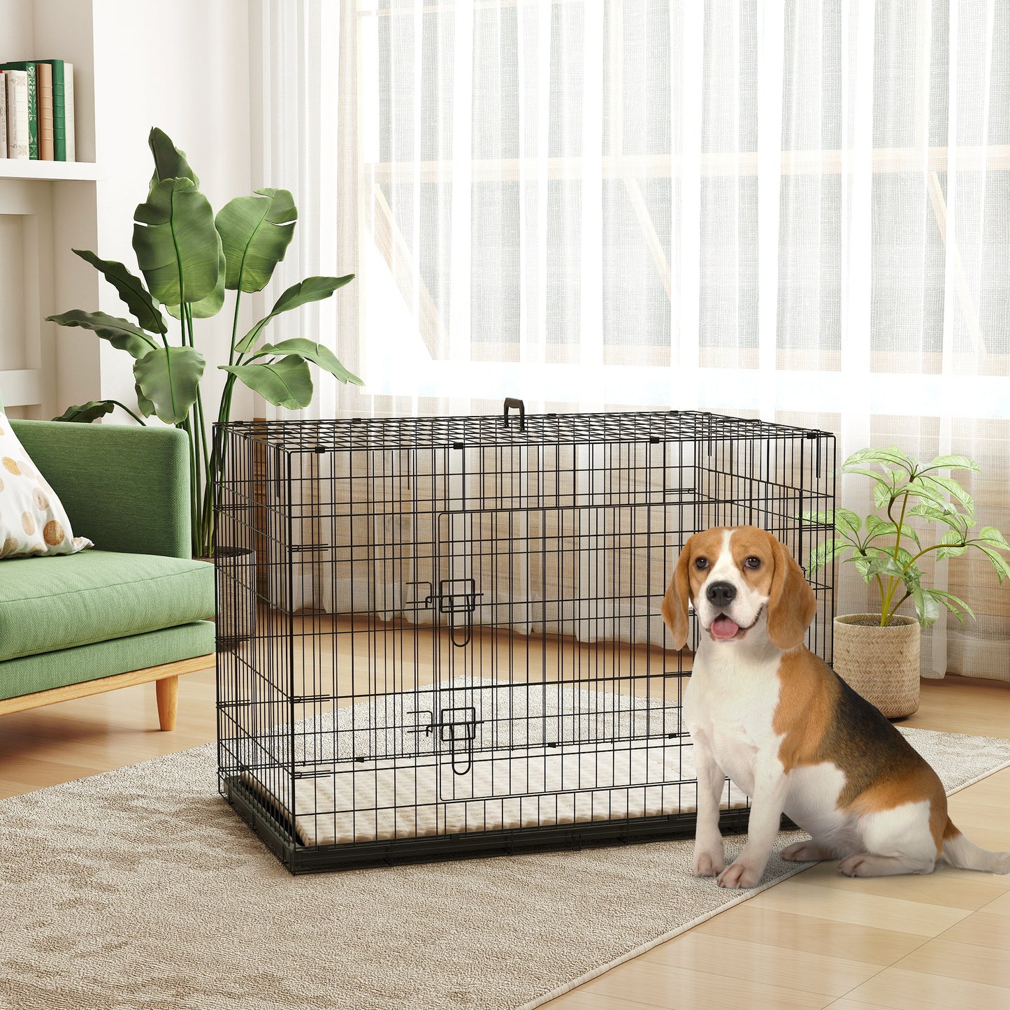 Foldable Dog Crate XL | 2 Doors | Soft Washable Cushion | Removable ABS Tray | Extra Large Dogs up to 40kg | 105 x 70 x 75cm | Black