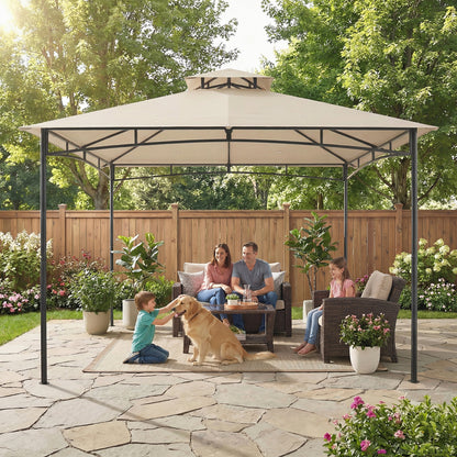 3x3m Garden Gazebo | 2-Tier Roof | UPF50+ | 180g/m² PA Polyester | Fits 6-8 | Khaki