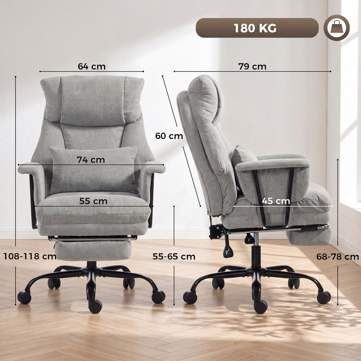 Grey Heavy-Duty Reclining Office Chair | 180 kg Capacity, 55 cm Wide Seat with Pocket Springs, Lumbar Support & Footrest | 135° Recline